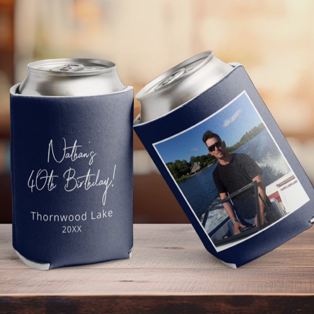 Custom Photo Birthday Party Favor Personalized Pic Can Cooler (a navy blue birthday can cooler with a photo on it, other side shows custom text in a script font )
