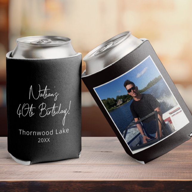 Custom Photo Birthday Party Favor Personalized Pic Can Cooler (a black birthday can cooler with a photo on it, other side shows custom text in a script font )