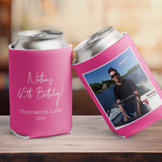 Custom Photo Birthday Party Favor Personalized Pic Can Cooler (a pink birthday can cooler with a photo on it, other side shows custom text in a script font )
