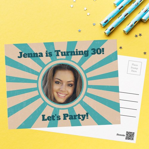 Custom Photo Birthday Party Invitation Retro Teal Postcard