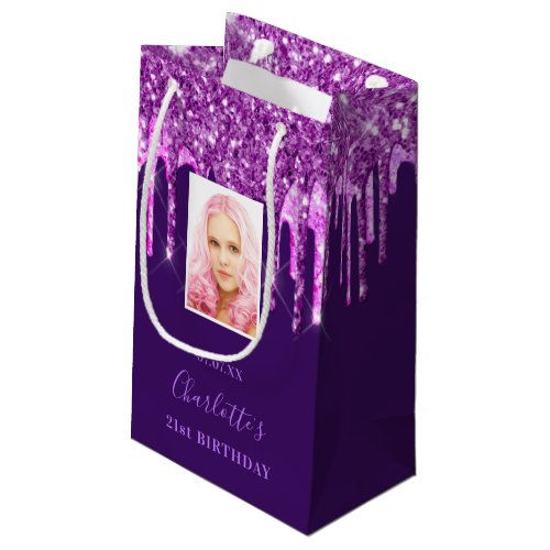 Custom photo birthday purple pink glitter drips small gift bag