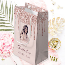Custom photo birthday rose gold glitter pink small gift bag