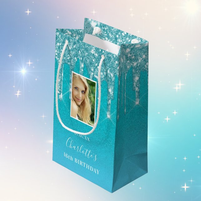 Custom photo birthday teal blue glitter drips name small gift bag (Creator Uploaded)
