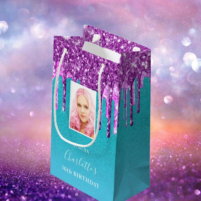Custom photo birthday teal purple glitter drips small gift bag (Creator Uploaded)