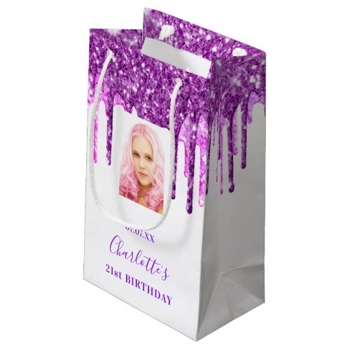 Custom photo birthday white purple glitter drips small gift bag