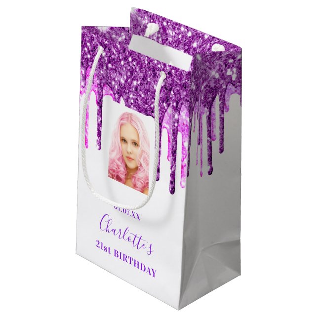 Custom photo birthday white purple glitter drips small gift bag (Back Angled)