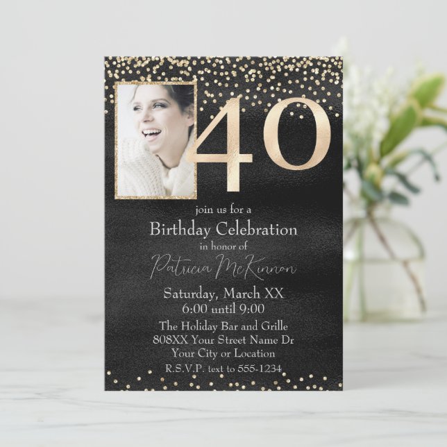 Custom Photo Black and Gold 40th Birthday Invitation (Standing Front)