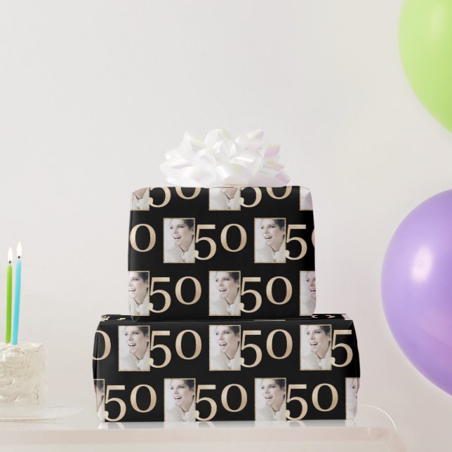 Custom Photo Black and Gold 50th Birthday Wrapping Paper (Party Gifts)