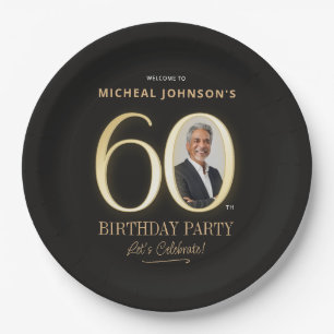 Custom Photo Black and Gold 60th Birthday Paper Plates