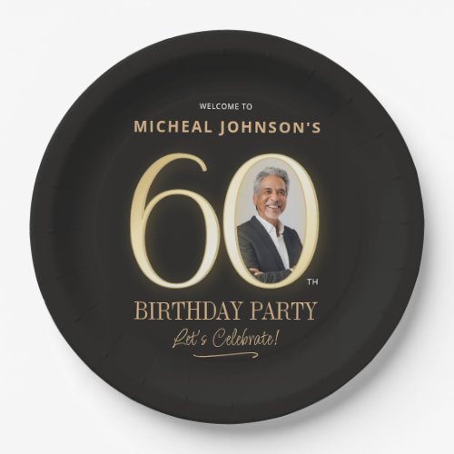 Custom Photo Black and Gold 60th Birthday Paper Plates