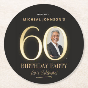 Custom Photo Black and Gold 60th Birthday Round Paper Coaster