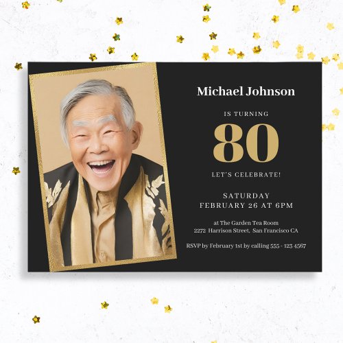 Custom Photo Black and Gold 80th Birthday Invitation