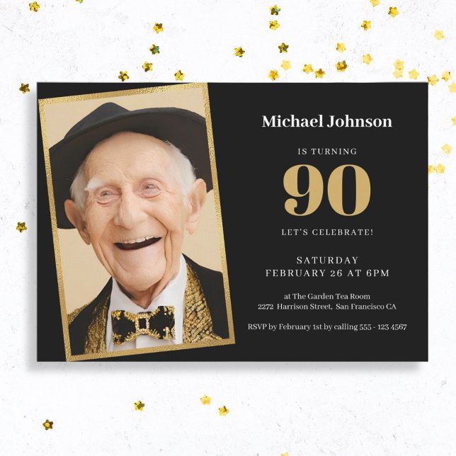 Custom Photo Black and Gold 90th Birthday Party Invitation (Mock Up View)