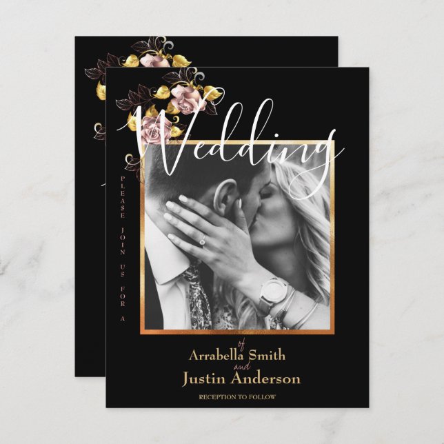 Custom Photo Black Floral Gold Script Wedding  Invitation (Front/Back)