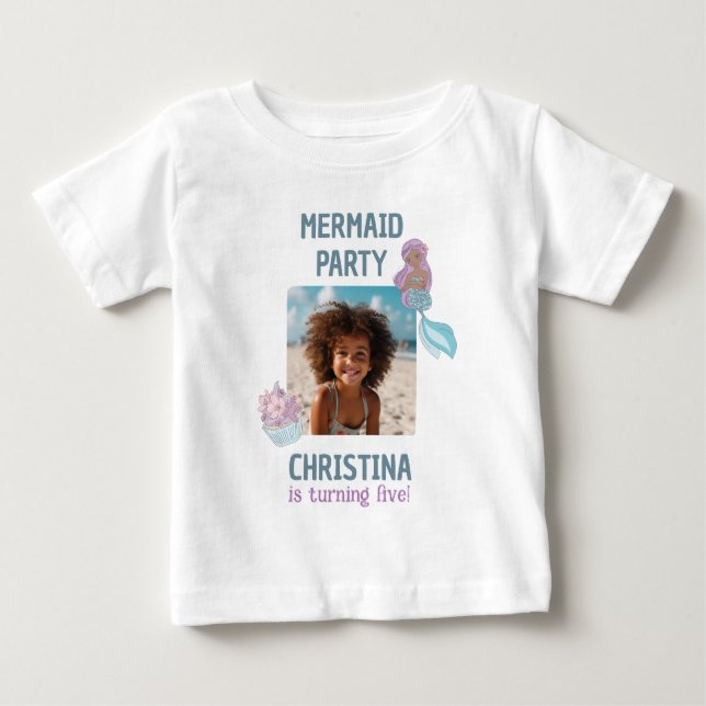Custom Photo Black Girl Mermaid Birthday Party Baby T-Shirt (Front)