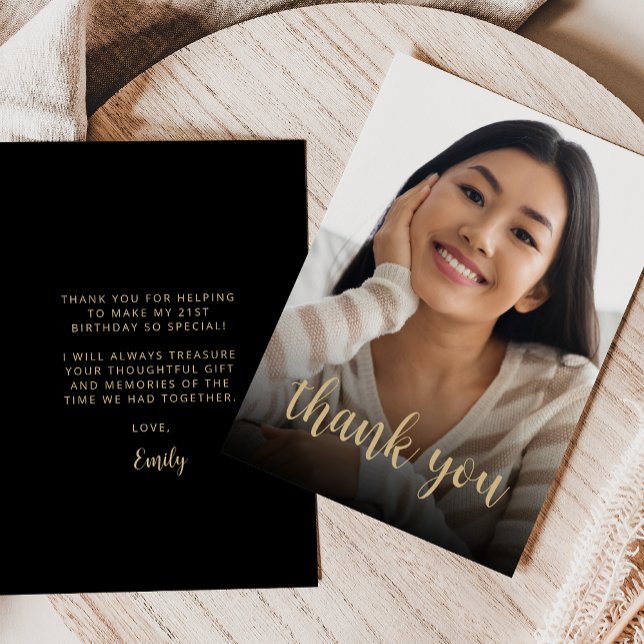 Custom Photo Black Gold 21st Birthday Party Thank You Card (Creator Uploaded)