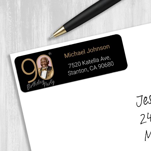 Custom Photo Black Gold 90th Birthday Address Label