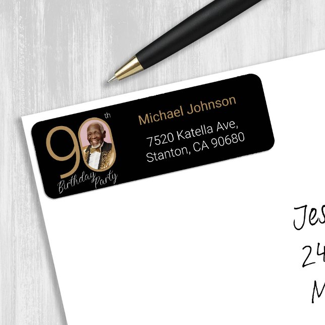 Custom Photo Black Gold 90th Birthday Address Label (Custom Photo Black Gold 90th Birthday Address Label)