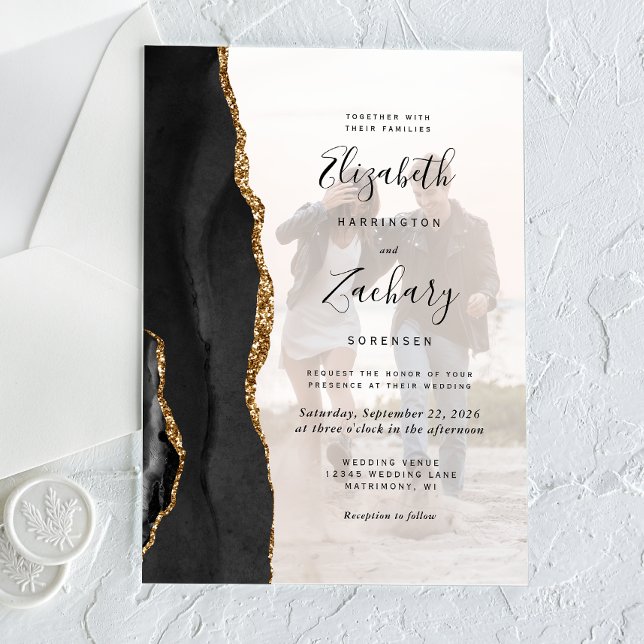 Custom Photo Black Gold Agate Wedding Acrylic Invitations (Creator Uploaded)