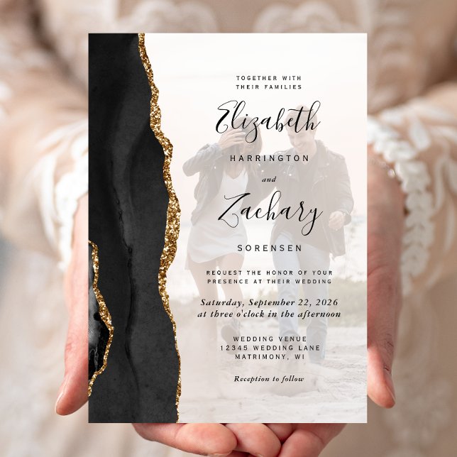 Custom Photo Black Gold Agate Wedding Invitation (Creator Uploaded)