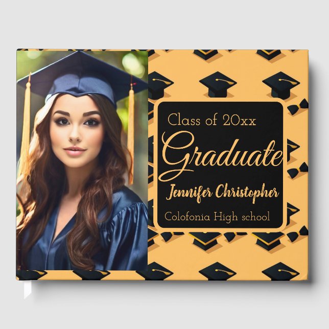Custom Photo Black & Gold Graduation Party Guest Book (Front)