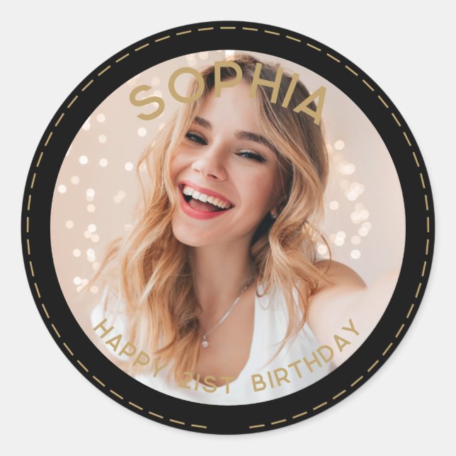 Custom Photo Black Gold Modern 21st Birthday Classic Round Sticker (Front)