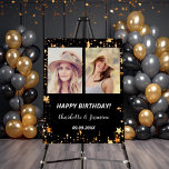 Custom photo black gold stars 2 persons birthday foam board<br><div class="desc">A photo welcome sign for 2 persons,  friends,  sisters,  twins.  A black background,  decorated with faux gold stars. Personalize and add 2 photos,  names and date(s)</div>