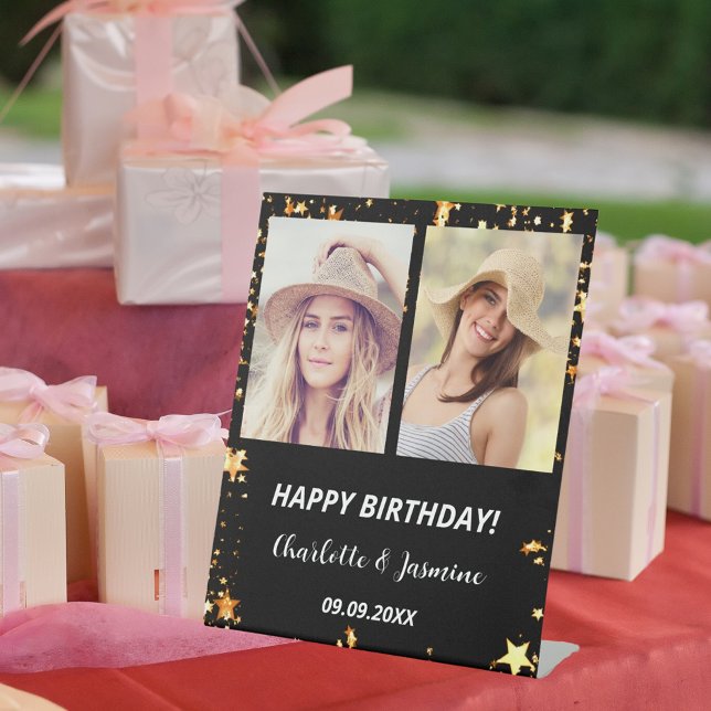 Custom photo black gold stars 2 persons birthday pedestal sign (Creator Uploaded)