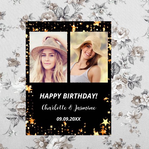 Custom photo black gold stars 2 persons birthday poster