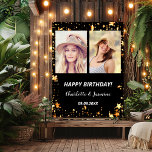 Custom photo black gold stars 2 persons birthday poster<br><div class="desc">A photo welcome sign for 2 persons,  friends,  sisters,  twins.  A black background,  decorated with faux gold stars. Personalize and add 2 photos,  names and date(s)</div>