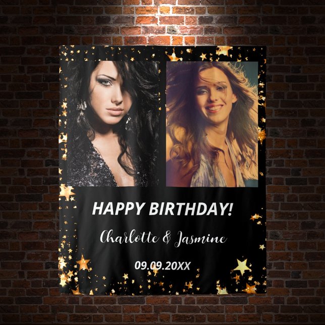 Custom photo black gold stars friends birthday tapestry (Creator Uploaded)