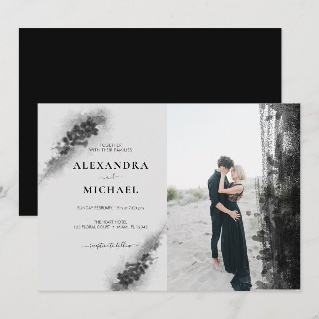 Custom Photo Black Lavander Floral Wedding Invitation (Front/Back)