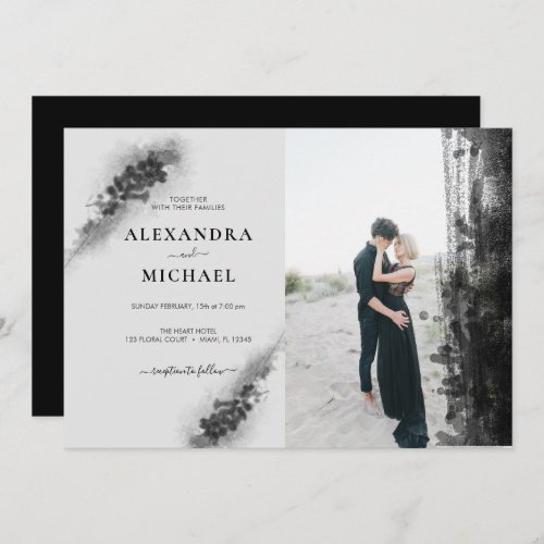 Custom Photo Black Lavander Floral Wedding Invitation