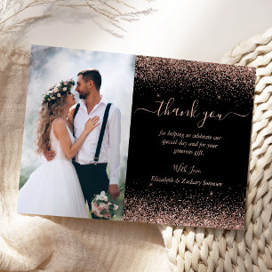 Custom Photo Black Rose Gold Glitter Wedding Thank You Card