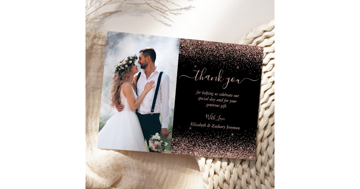 Custom Photo Black Rose Gold Glitter Wedding Thank You Card | Zazzle