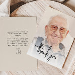 Custom Photo Black Script 90th Birthday Party Thank You Card<br><div class="desc">The front of this 90th birthday thank you card features the guest of honor's photo with the words "thank you" in modern black handwriting script overlay. A white screen helps make the text pop. Customize the reverse side with your personal message in black sans serif font and your name in...</div>