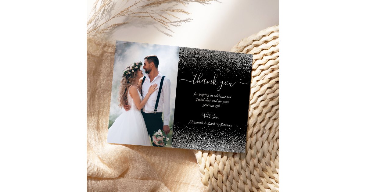 Custom Photo Black Silver Glitter Wedding Thank You Card | Zazzle