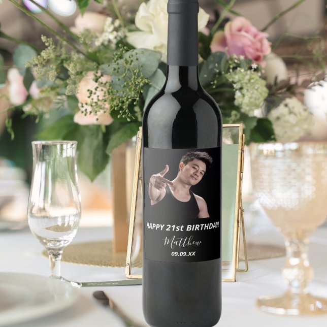 Custom photo black white birthday party wine label (Creator Uploaded)