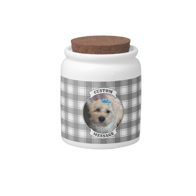 Custom Photo Black & White Country Farmhouse Plaid Candy Jar (Front)