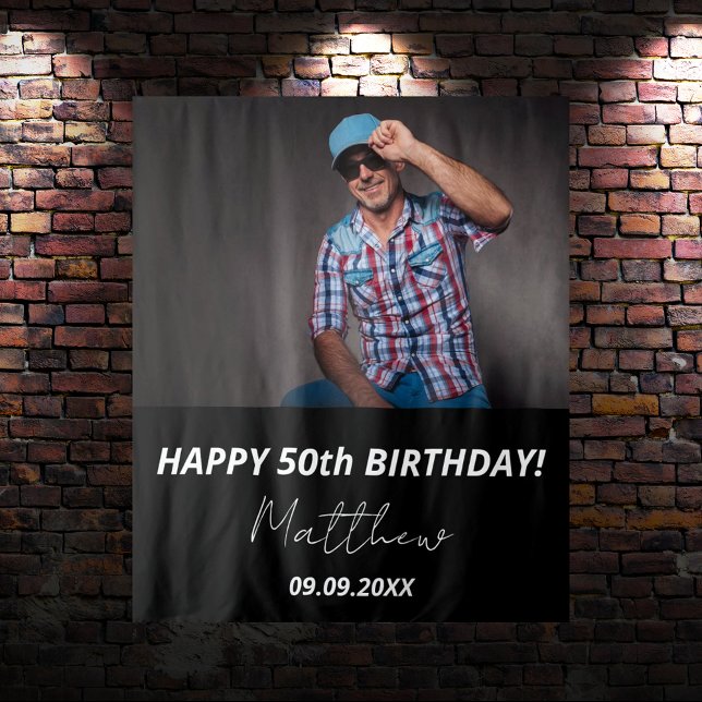 Custom photo black white guy 50th birthday tapestry (Creator Uploaded)