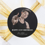 Custom photo black white modern guy birthday classic round sticker<br><div class="desc">A tapestry for a  21st (or any age) birthday party for guys. An elegant modern black background. Personalize and add your own photo of the birthday boy/man.  The text: The name is white with a modern hand lettered style script. Tempates for a name,  age 21.</div>