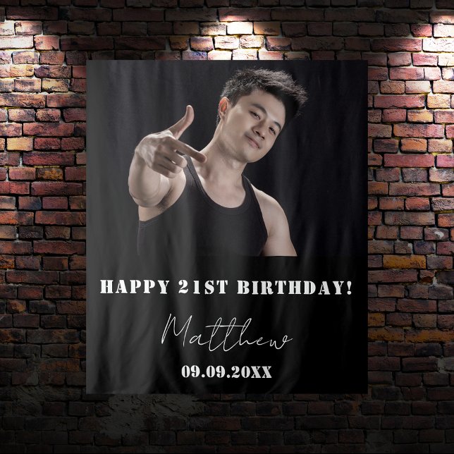 Custom photo black white modern guy birthday tapestry (Creator Uploaded)