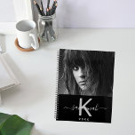 Custom photo black white monogram 2024 planner<br><div class="desc">A chic black background. Personalize and add your own photo, a name, monogram letter and a year. The name is written in white with a large modern hand lettered style script with swashes. The monogram letter in gray. Perfect for school, work or organizing your personal/family life. To keep the swashes...</div>
