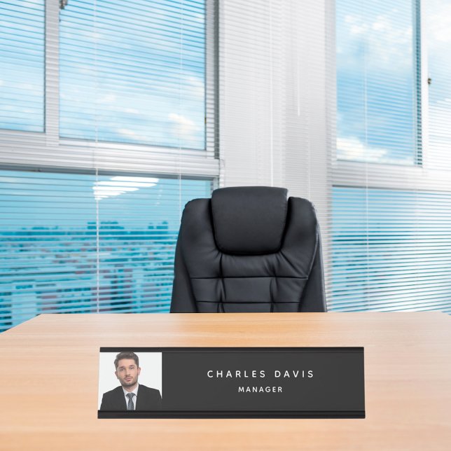 Custom photo black white monogram modern desk name plate (Creator Uploaded)