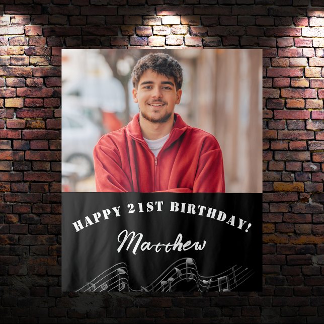 Custom photo black white music notes guy birthday tapestry (Creator Uploaded)