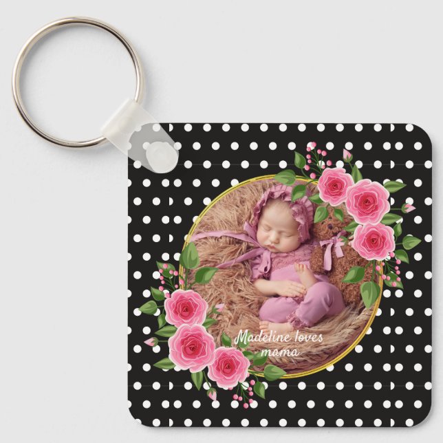 Custom Photo Black White Polka Dot Mother’s Day  Keychain (Front)