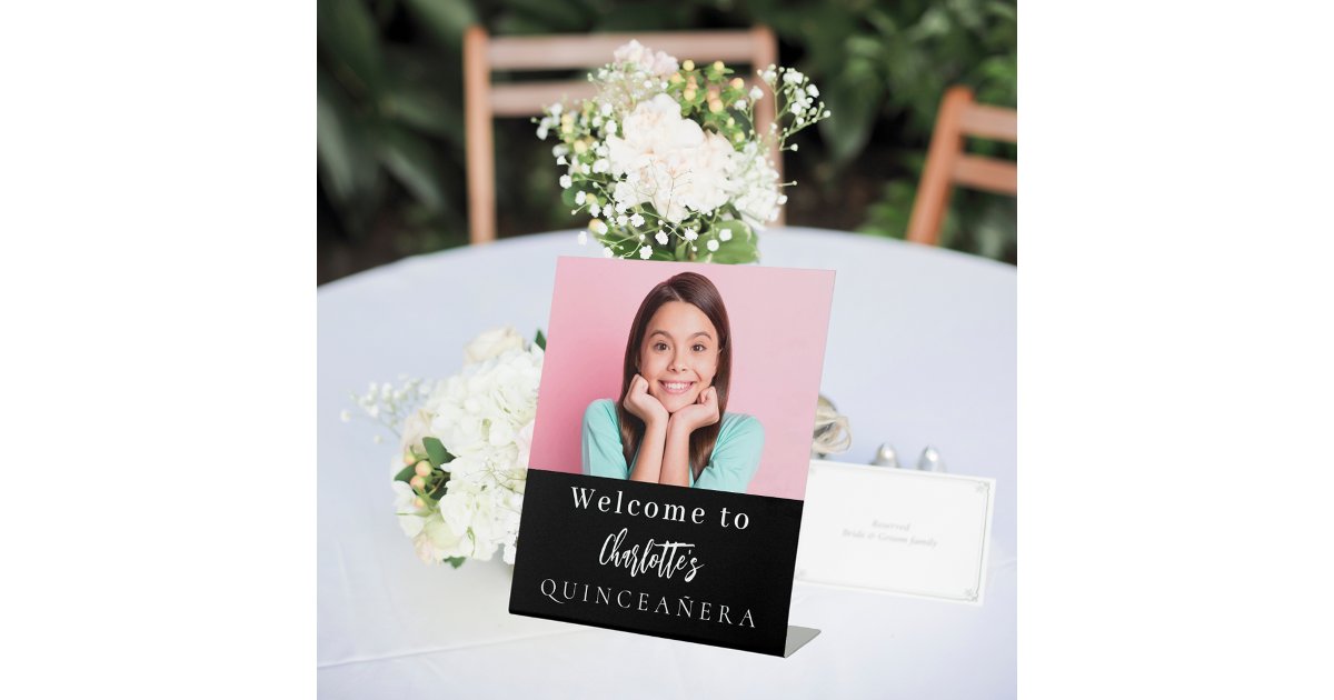 Custom photo black white Quinceanera party welcome Pedestal Sign | Zazzle