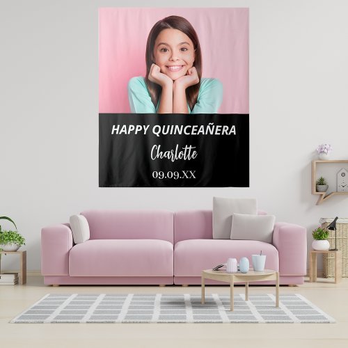 Custom photo black white Quinceanera party welcome Tapestry