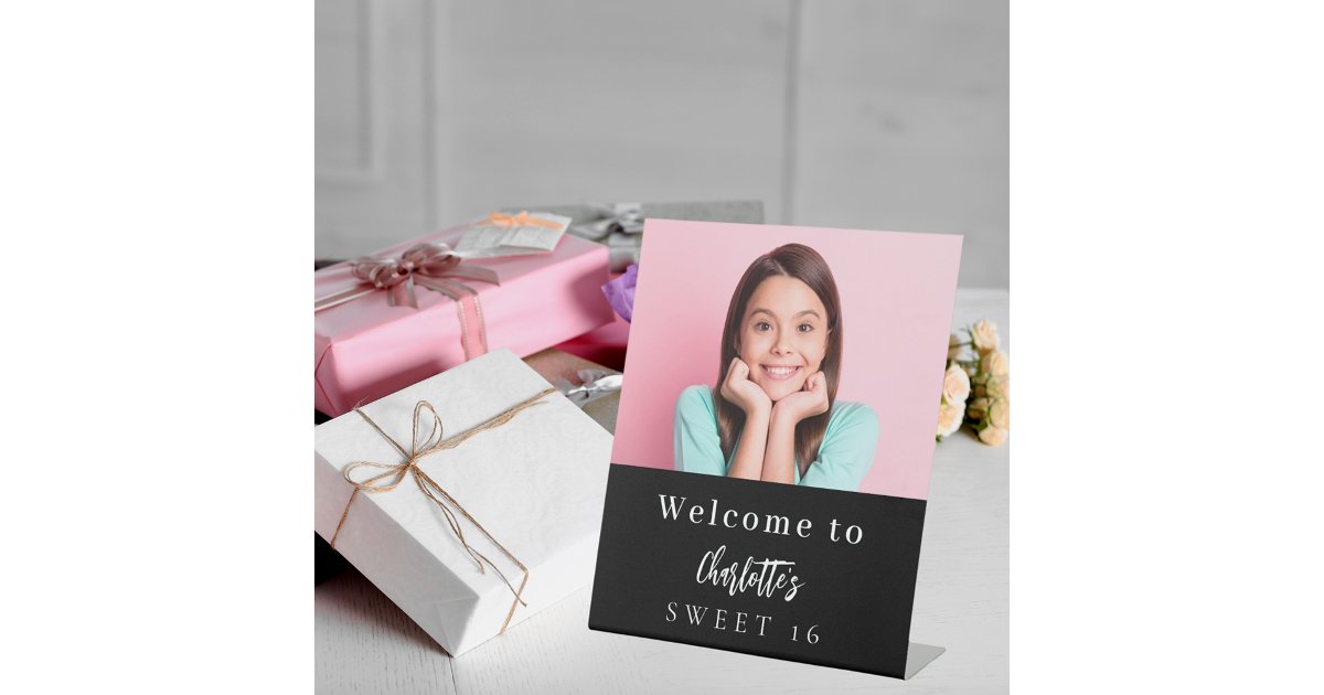 Custom photo black white Sweet 16 party welcome Pedestal Sign | Zazzle