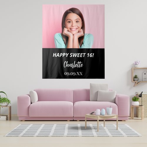 Custom photo black white Sweet 16 party welcome Tapestry